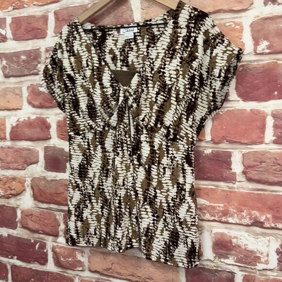Chaus Top Shirt Women's XL Brown White Abstract Stretchy Casual Popover - Picture 3 of 8